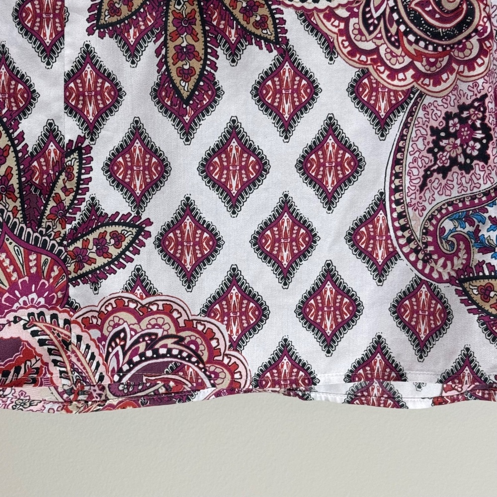 CHICO'S WOMEN'S 1 PETITE | 8P BLOUSE RED PURPLE  MIX PRINT WING COLLAR NO IRON - Picture 8 of 12